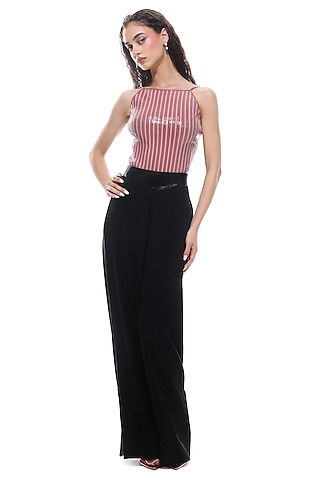 Black Crepe & Faux Leather Wide-Leg Trousers by Sameer Madan