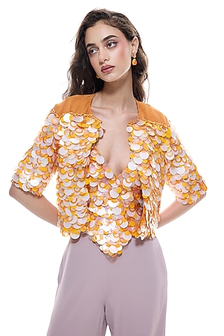 Orange Crepe Sequins Disc Jacket by Sameer Madan