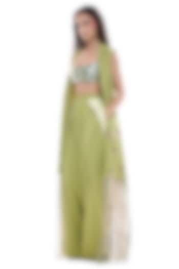 Lime Green Crepe & Faux Leather Embellished Jacket by Sameer Madan at Pernia's Pop Up Shop