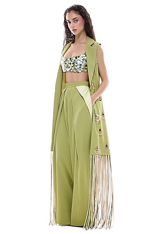Lime Green Crepe & Faux Leather Embellished Jacket by Sameer Madan