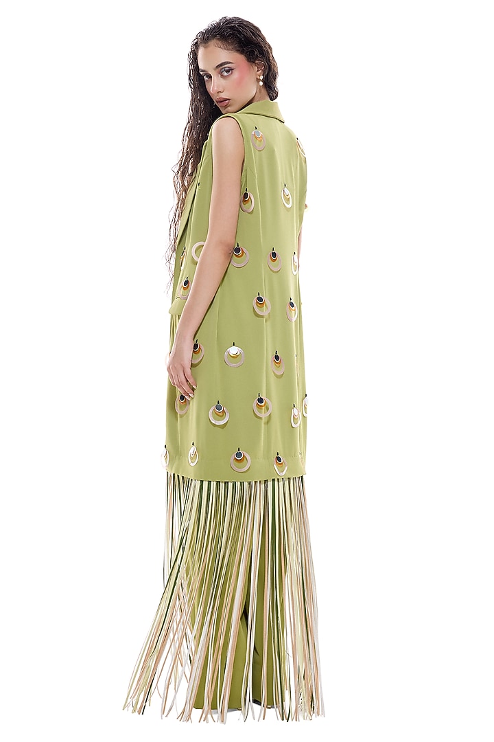 Lime Green Crepe & Faux Leather Embellished Jacket by Sameer Madan at Pernia's Pop Up Shop