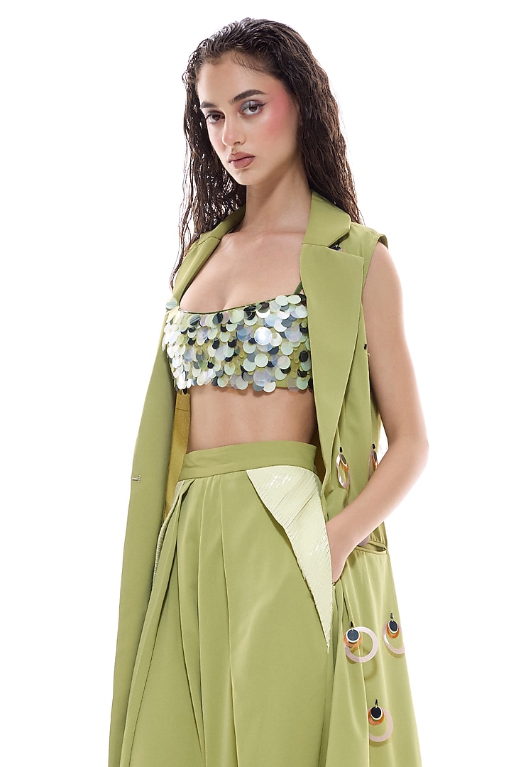 Lime Green Crepe & Faux Leather Embellished Jacket by Sameer Madan at Pernia's Pop Up Shop