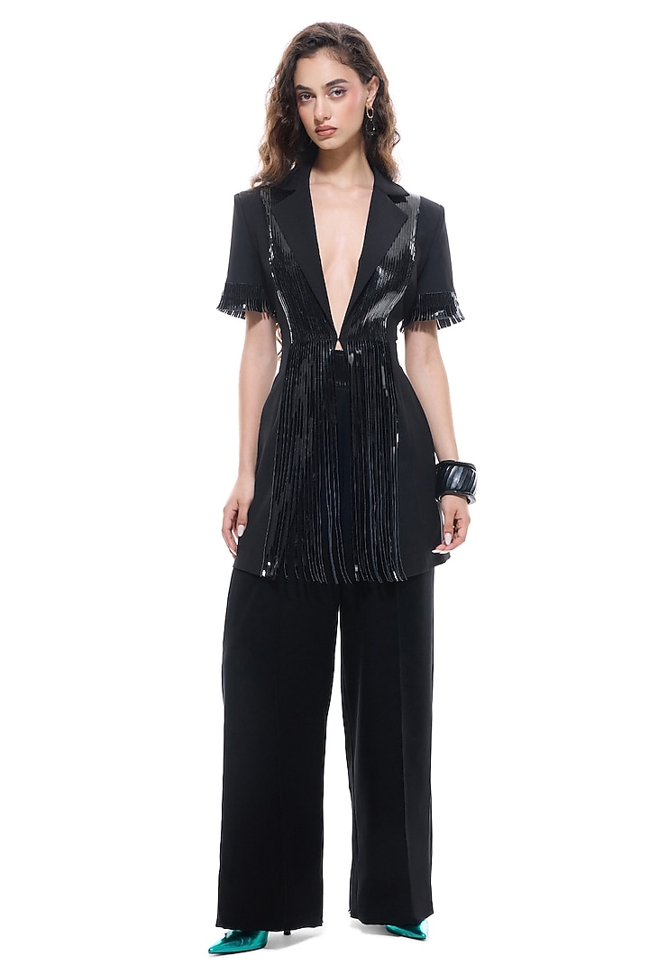 Black Crepe & Faux Leather Jacket by Sameer Madan at Pernia's Pop Up Shop