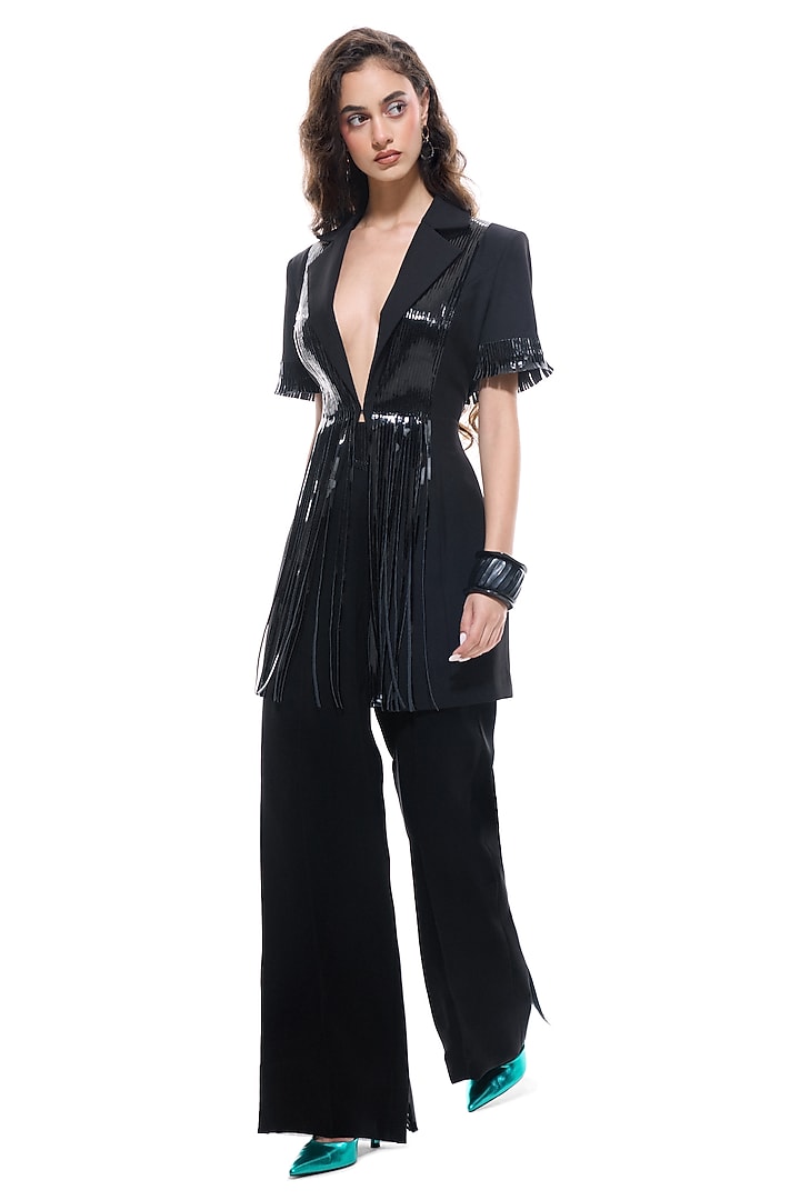 Black Crepe & Faux Leather Jacket by Sameer Madan at Pernia's Pop Up Shop