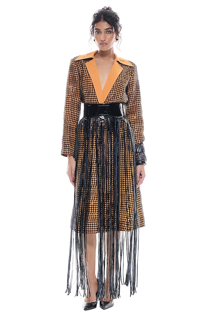 Orange Faux Leather & Crepe Trench Jacket by Sameer Madan at Pernia's Pop Up Shop