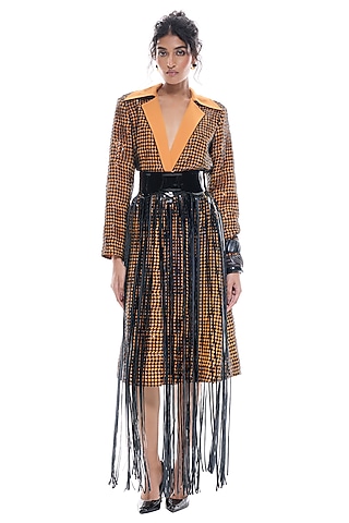 Orange Faux Leather & Crepe Trench Jacket by Sameer Madan