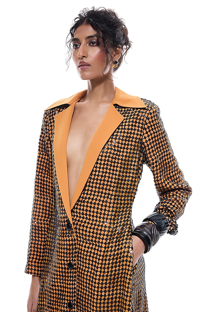 Orange Faux Leather & Crepe Trench Jacket by Sameer Madan at Pernia's Pop Up Shop
