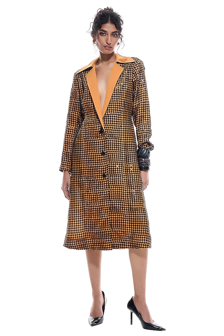Orange Faux Leather & Crepe Trench Jacket by Sameer Madan at Pernia's Pop Up Shop