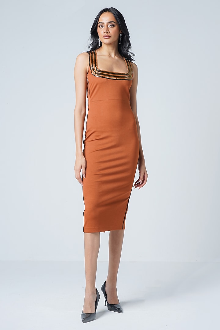 Rust Jersey Faux Leather Bodycon Cocktail Dress by Sameer Madan at Pernia's Pop Up Shop