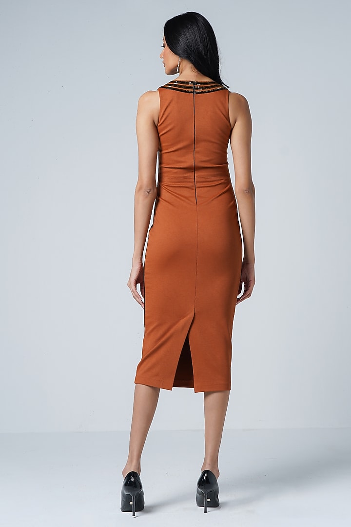 Rust Jersey Faux Leather Bodycon Cocktail Dress by Sameer Madan at Pernia's Pop Up Shop