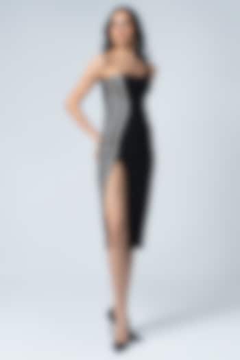 Black Jersey Faux Leather One-Shoulder Bodycon Cocktail Dress by Sameer Madan at Pernia's Pop Up Shop
