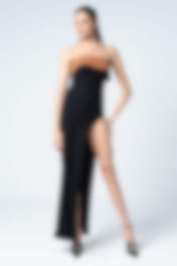 Black Jersey Faux Leather Hand Embroidered Bodycon Cocktail Dress by Sameer Madan at Pernia's Pop Up Shop