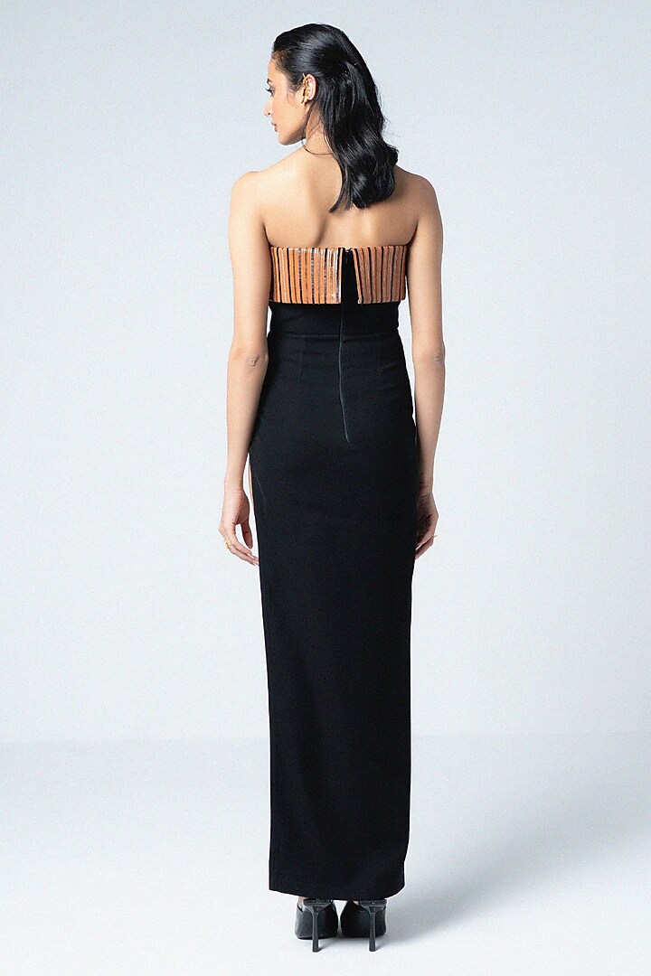 Black Jersey Faux Leather Hand Embroidered Bodycon Cocktail Dress by Sameer Madan at Pernia's Pop Up Shop