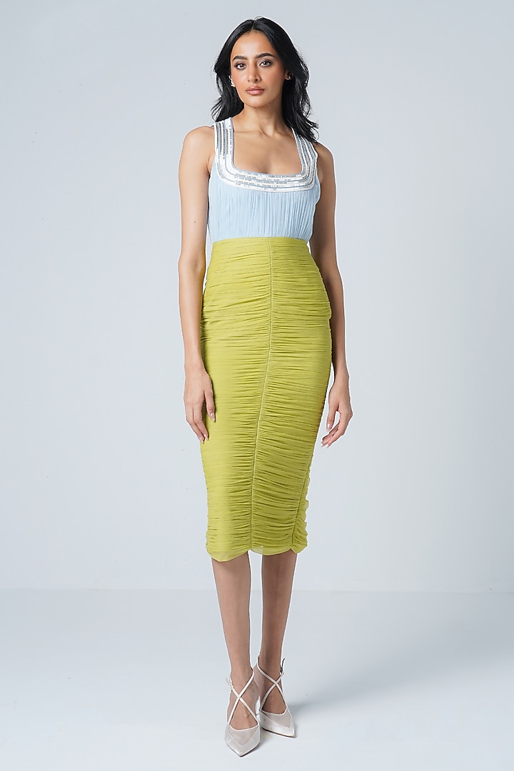 Blue & Neon Jersey Faux Leather Bodycon Cocktail Dress by Sameer Madan at Pernia's Pop Up Shop