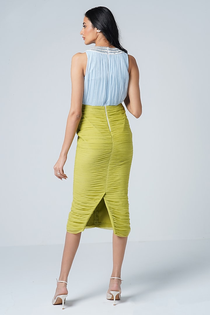 Blue & Neon Jersey Faux Leather Bodycon Cocktail Dress by Sameer Madan at Pernia's Pop Up Shop