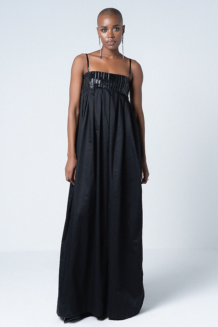Black Cotton & Faux Leather Maxi Vacation Dress by Sameer Madan at Pernia's Pop Up Shop