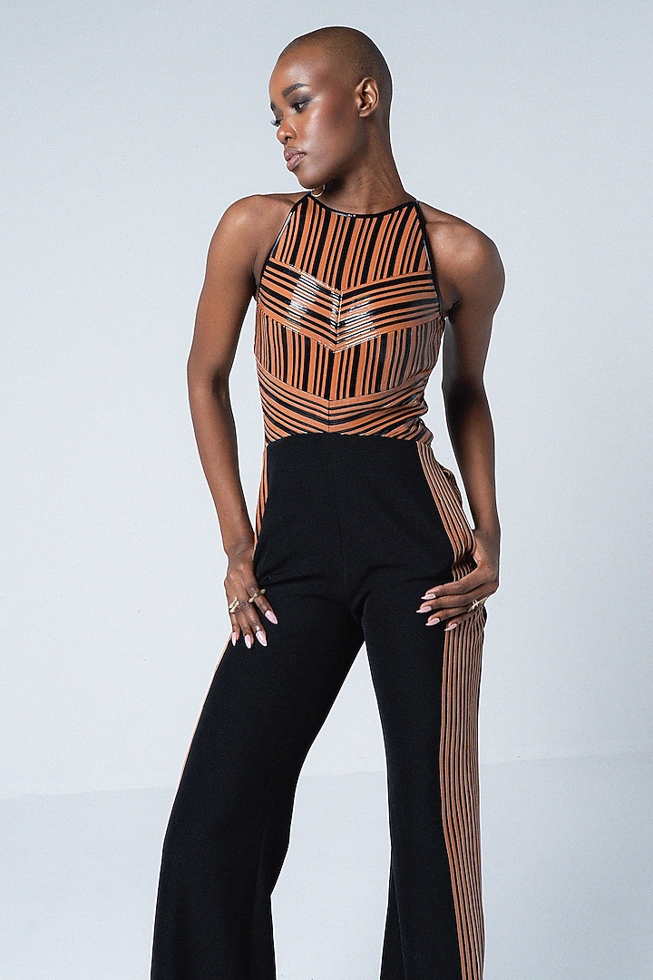 Bran-Black Twill & Faux Leather Jumpsuit by Sameer Madan at Pernia's Pop Up Shop