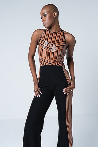 Bran-Black Twill & Faux Leather Jumpsuit by Sameer Madan
