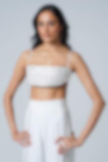 White Crepe & Faux Leather Embroidered Bralette by Sameer Madan at Pernia's Pop Up Shop