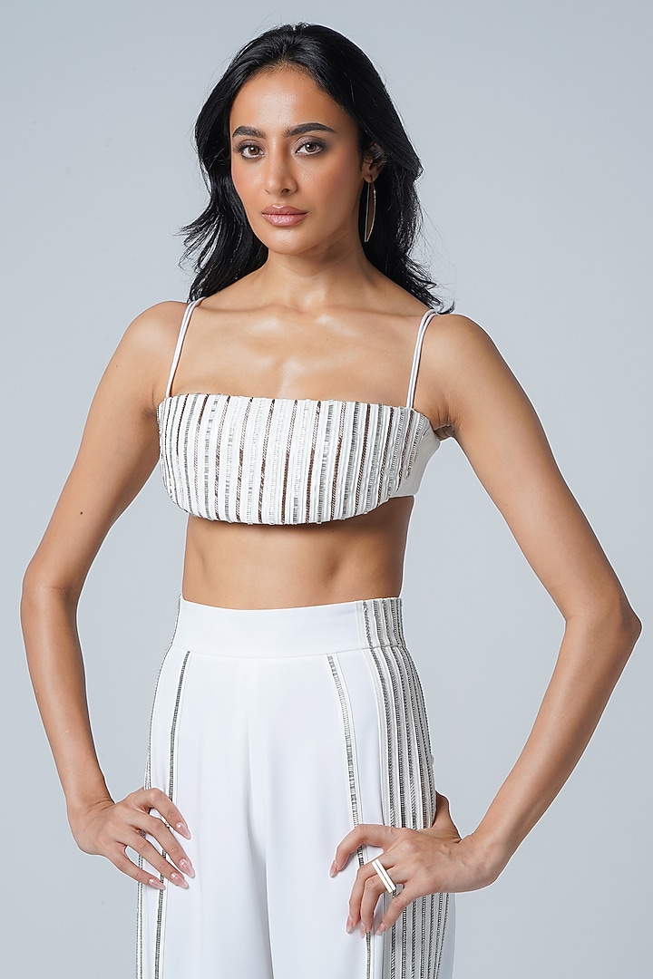 White Crepe & Faux Leather Embroidered Bralette by Sameer Madan at Pernia's Pop Up Shop