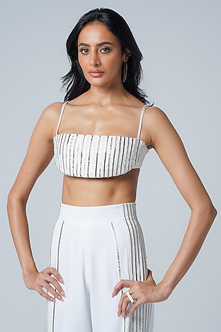 White Crepe & Faux Leather Embroidered Bralette by Sameer Madan