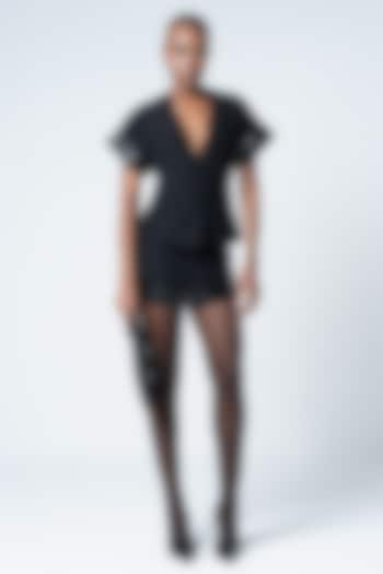 Black Twill & Faux Leather Embroidered Top by Sameer Madan at Pernia's Pop Up Shop