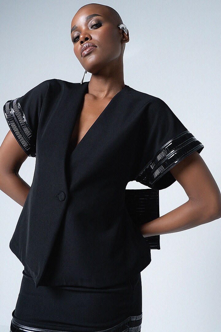Black Twill & Faux Leather Embroidered Top by Sameer Madan at Pernia's Pop Up Shop