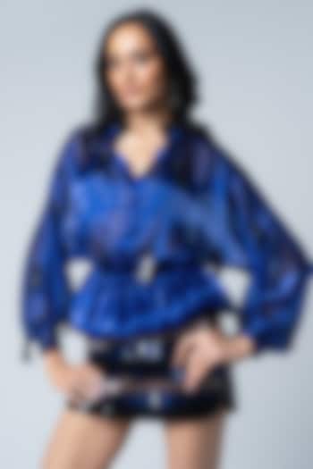 Electric Blue Organza & Faux Leather Top by Sameer Madan at Pernia's Pop Up Shop