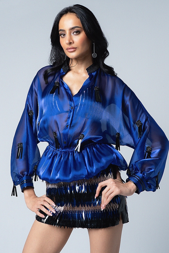 Electric Blue Organza & Faux Leather Top by Sameer Madan at Pernia's Pop Up Shop