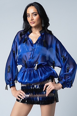 Electric Blue Organza & Faux Leather Top by Sameer Madan