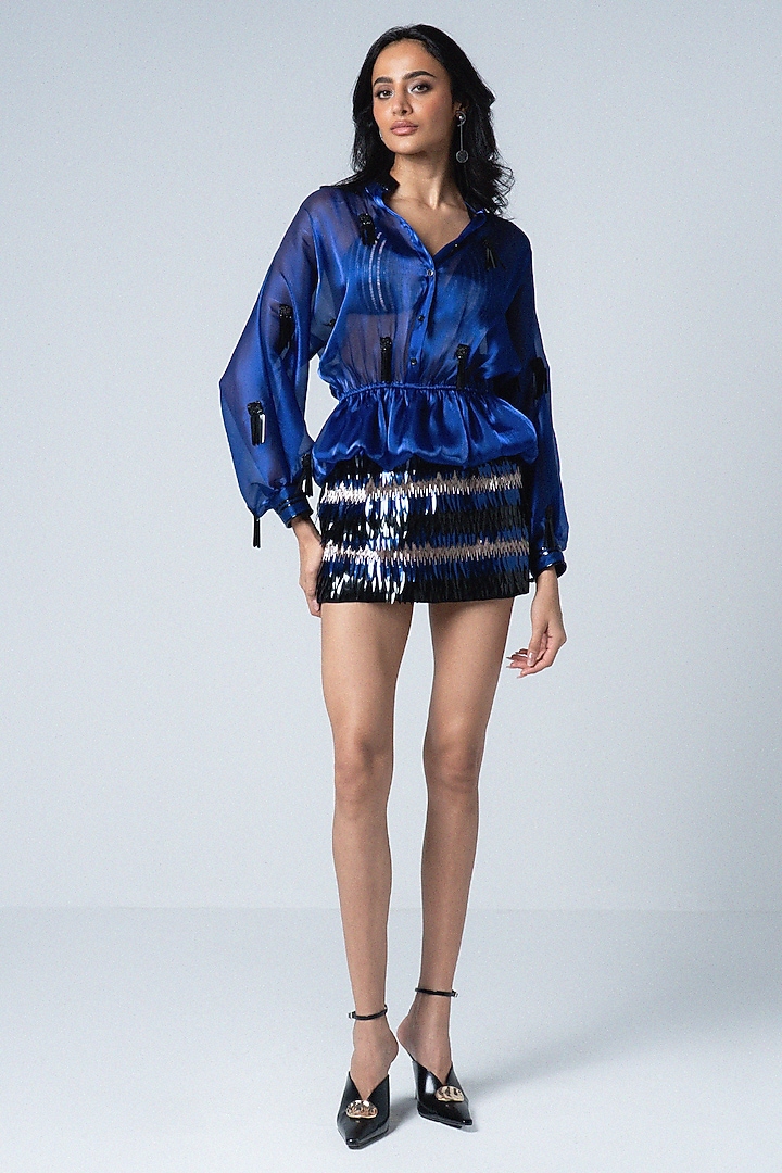 Electric Blue Organza & Faux Leather Top by Sameer Madan at Pernia's Pop Up Shop