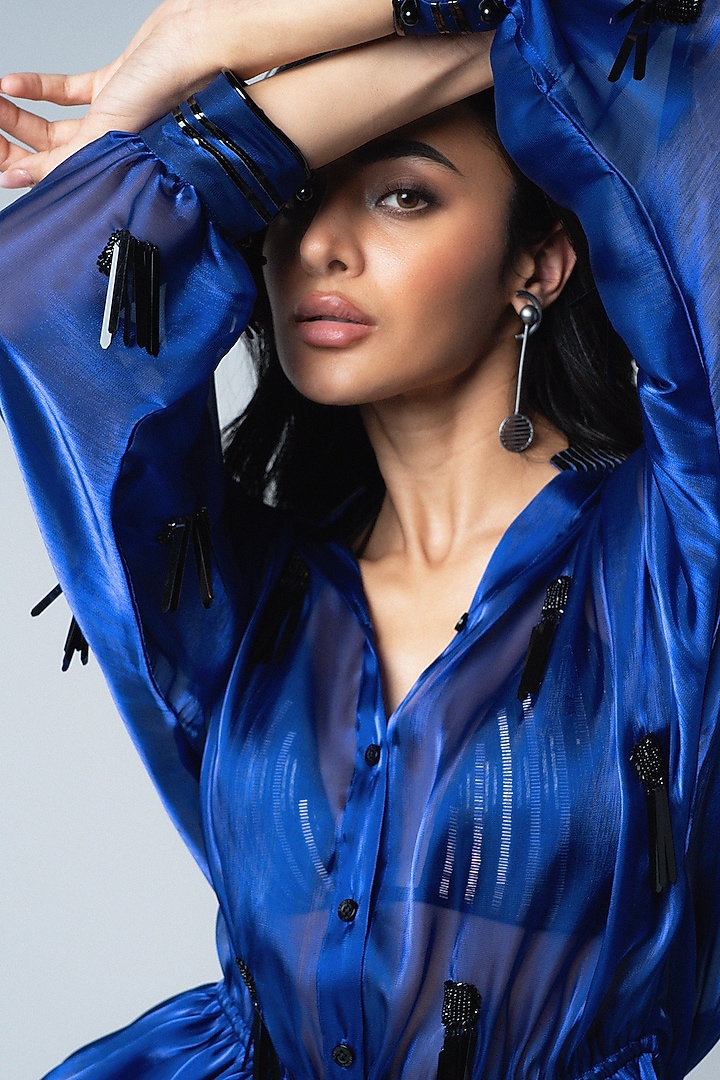 Electric Blue Organza & Faux Leather Top by Sameer Madan at Pernia's Pop Up Shop