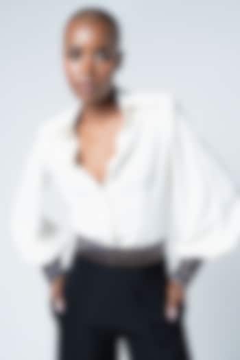 White Twill & Faux Leather Shirt by Sameer Madan at Pernia's Pop Up Shop
