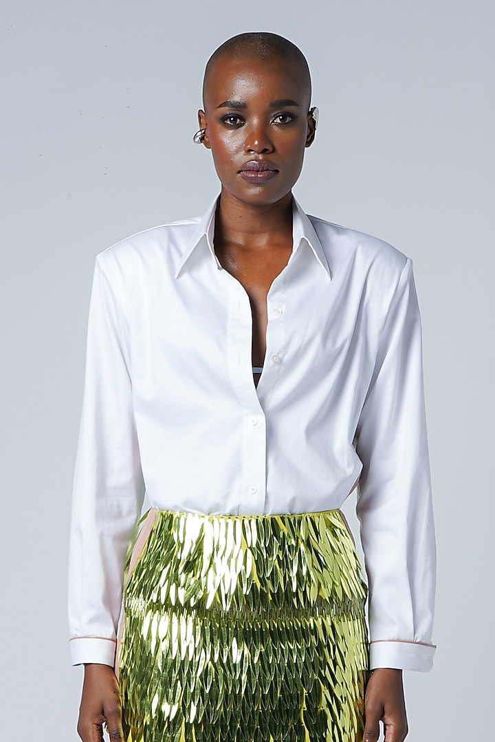 White Cotton & Faux Leather Oversized Shirt by Sameer Madan at Pernia's Pop Up Shop