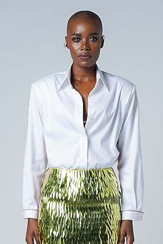 White Cotton & Faux Leather Oversized Shirt by Sameer Madan