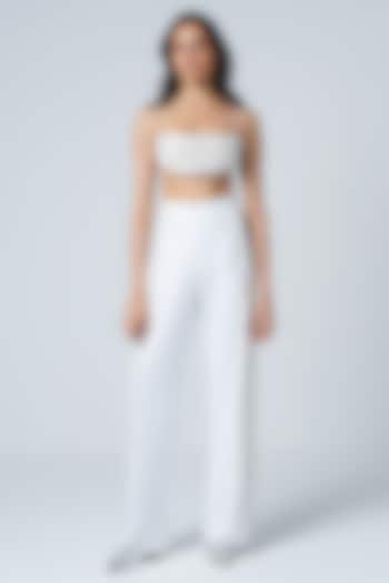 White Twill & Faux Leather Wide-Leg Trousers by Sameer Madan at Pernia's Pop Up Shop