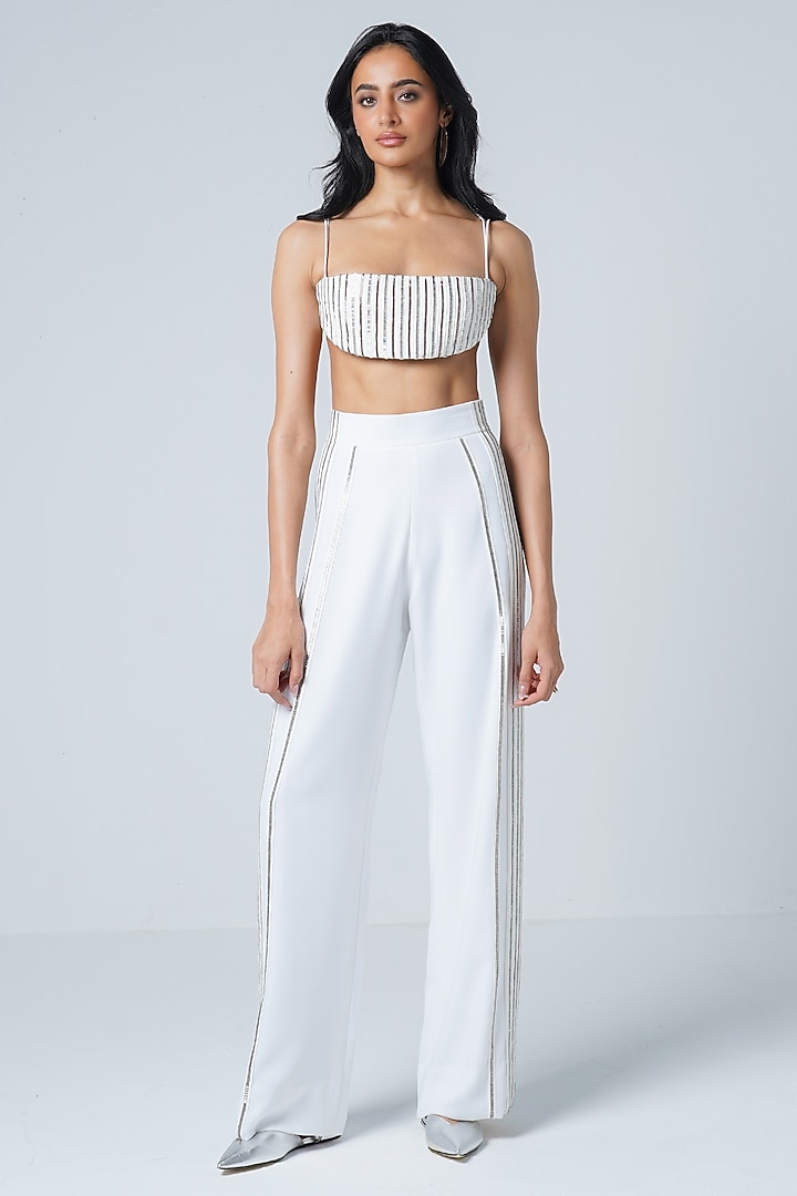 White Twill & Faux Leather Wide-Leg Trousers by Sameer Madan at Pernia's Pop Up Shop