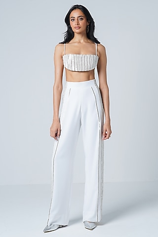 White Twill & Faux Leather Wide-Leg Trousers by Sameer Madan