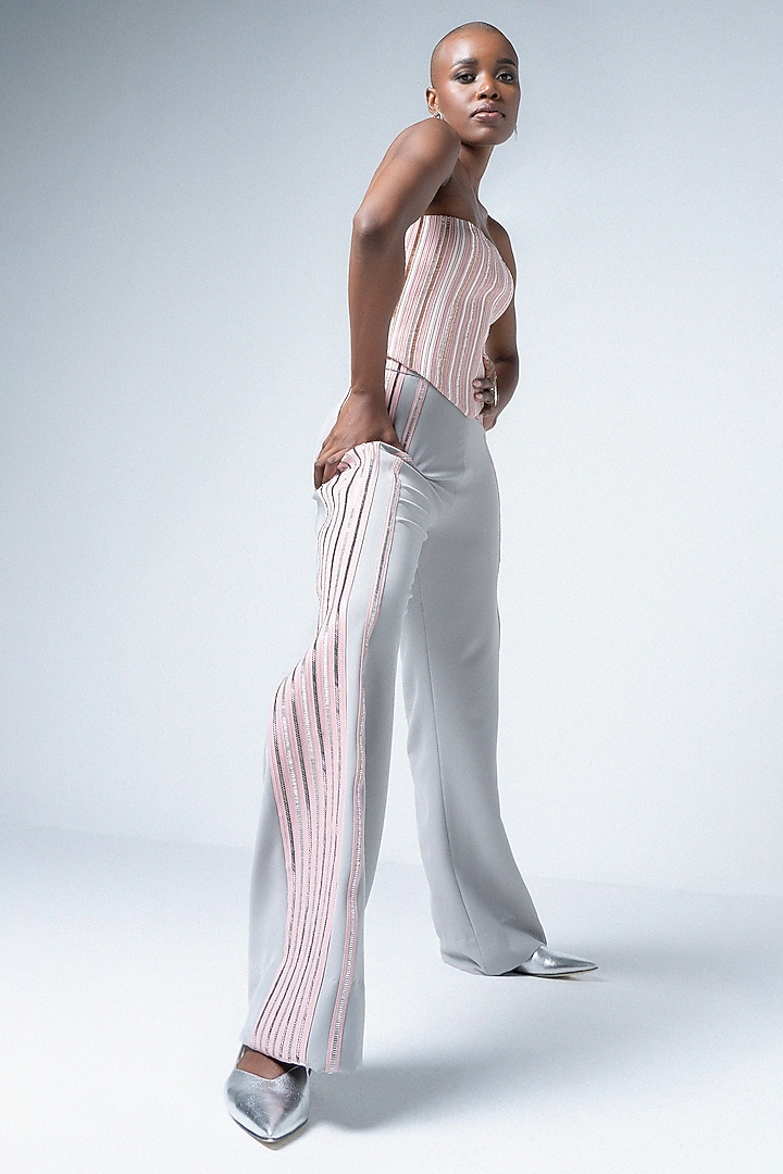 White Twill & Faux Leather Wide-Leg Trousers by Sameer Madan at Pernia's Pop Up Shop