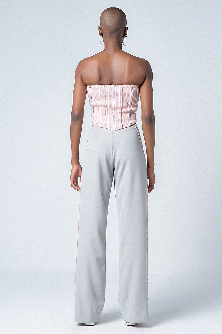 White Twill & Faux Leather Wide-Leg Trousers by Sameer Madan at Pernia's Pop Up Shop