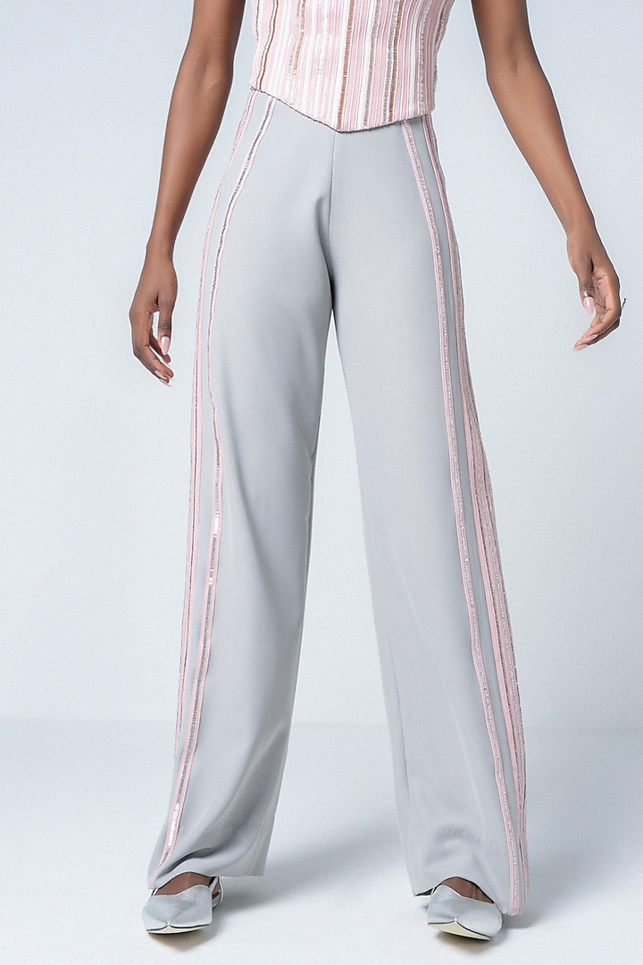 White Twill & Faux Leather Wide-Leg Trousers by Sameer Madan at Pernia's Pop Up Shop