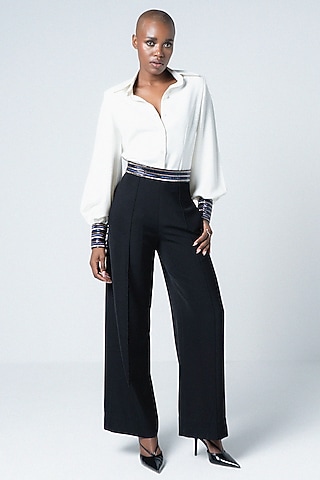 Black Twill & Faux Leather Trousers by Sameer Madan