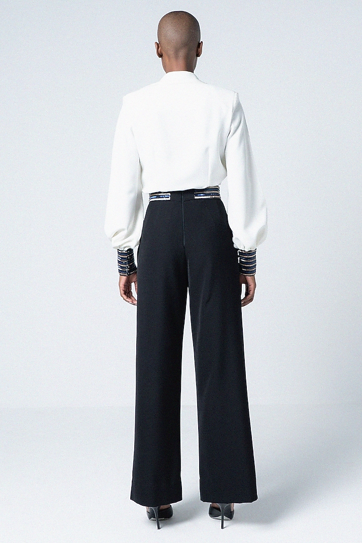 Black Twill & Faux Leather Trousers by Sameer Madan at Pernia's Pop Up Shop