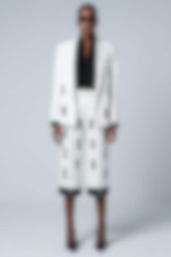 White Twill & Faux Leather Embroidered Culottes by Sameer Madan at Pernia's Pop Up Shop