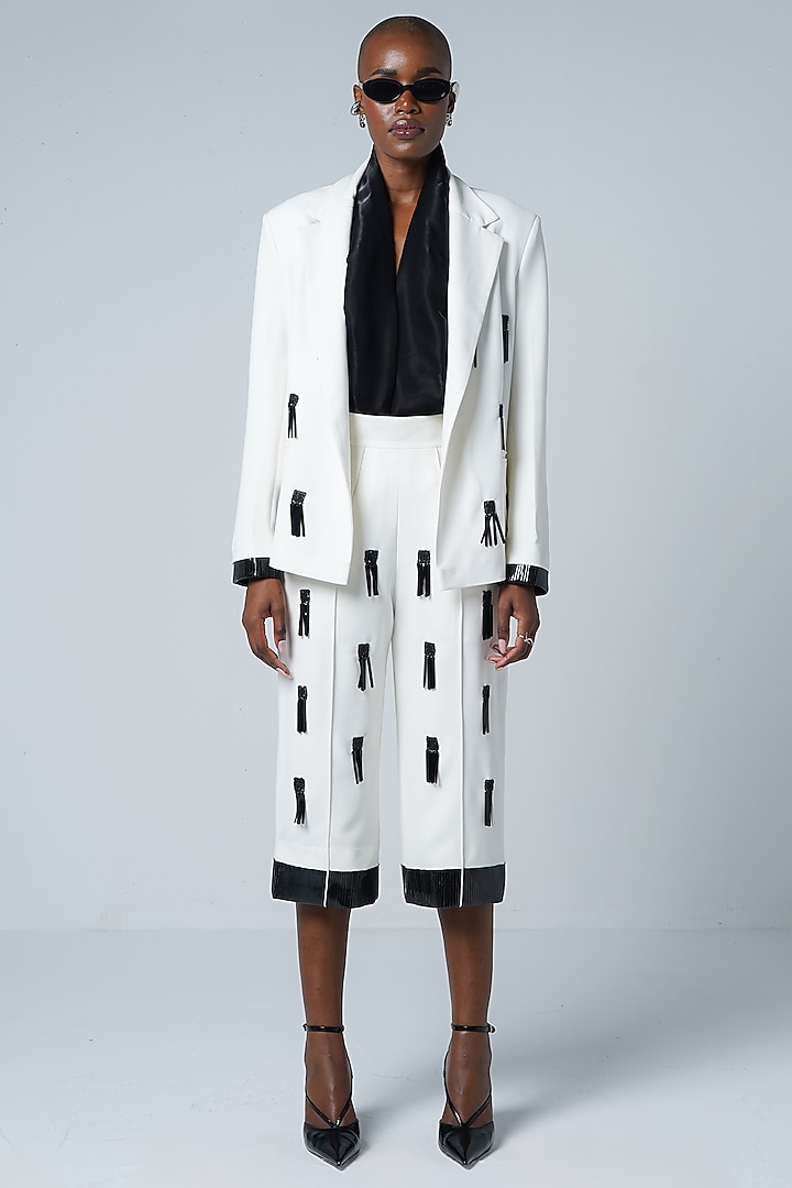 White Twill & Faux Leather Embroidered Culottes by Sameer Madan at Pernia's Pop Up Shop
