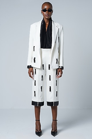 White Twill & Faux Leather Embroidered Culottes by Sameer Madan