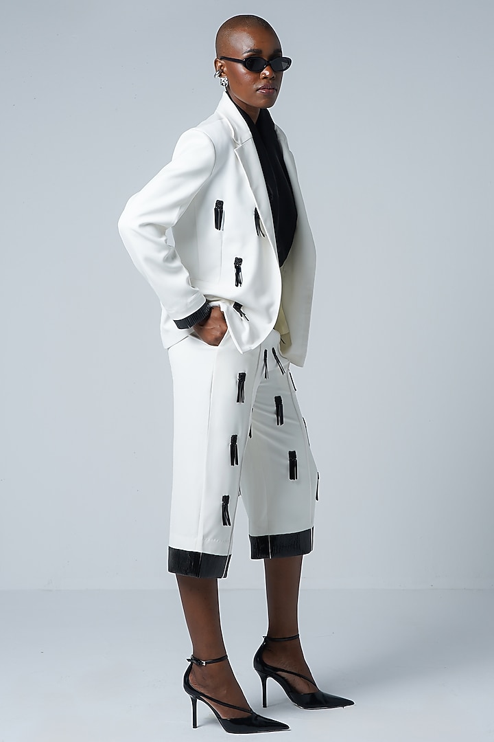 White Twill & Faux Leather Embroidered Culottes by Sameer Madan at Pernia's Pop Up Shop