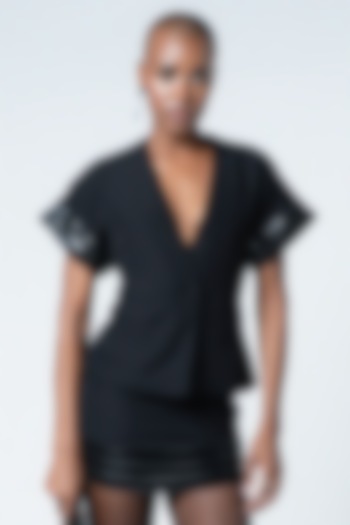 Black Twill & Faux Leather Embellished Mini Skirt by Sameer Madan at Pernia's Pop Up Shop