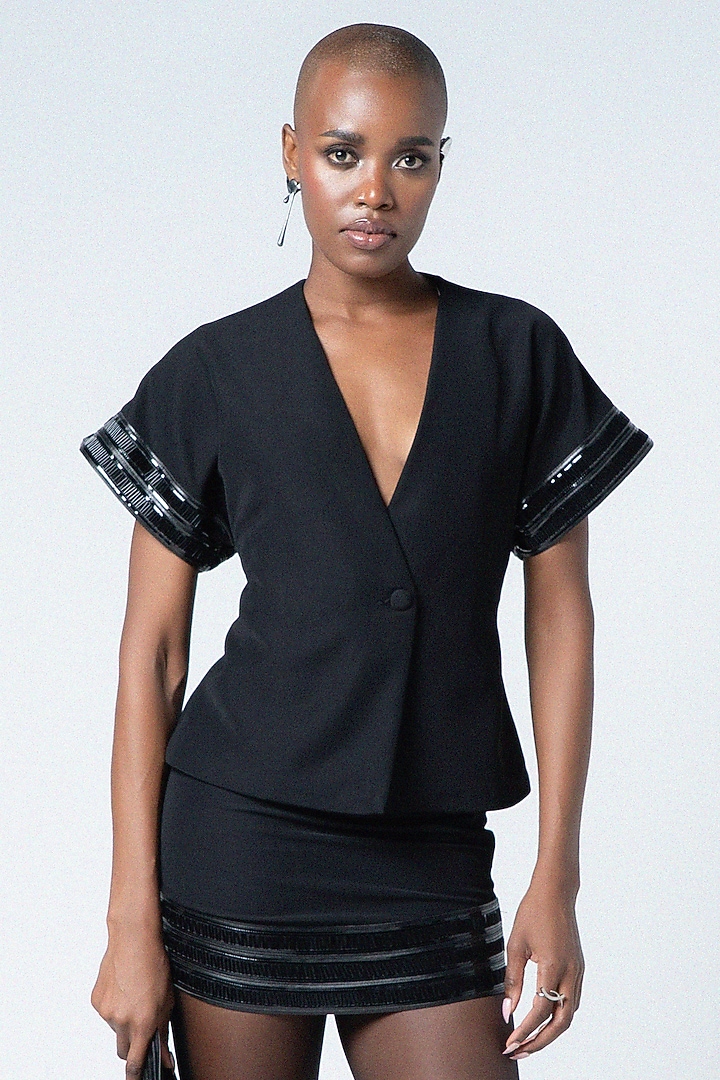 Black Twill & Faux Leather Embellished Mini Skirt by Sameer Madan at Pernia's Pop Up Shop