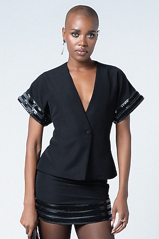 Black Twill & Faux Leather Embellished Mini Skirt by Sameer Madan